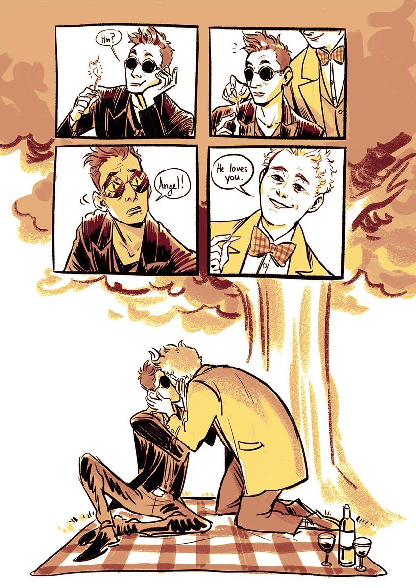 Happy Good Omens day! I made so much fan art of them back in 2019 and found this lil thing that I still find cute. I remember there were debates in the thread if that was a tree or an explosion.  It can be whatever you want it to be 😌