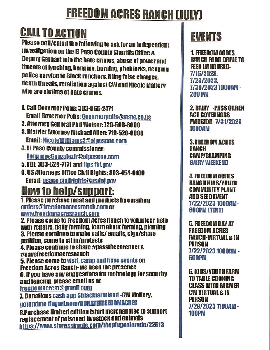 blackfarmland's tweet photo. Freedom Acres Ranch July events (virtual &amp; in person) and Call to Action Items We are still working to #farminpeace Looking forward to #farmtotable with youth tomorrow! #blackfarmersmatter #farmerssaveslives #blackfarms #farmingwhileblack #passthecarenact #securefreedomacresranch https://t.co/DqXrHLbt8o