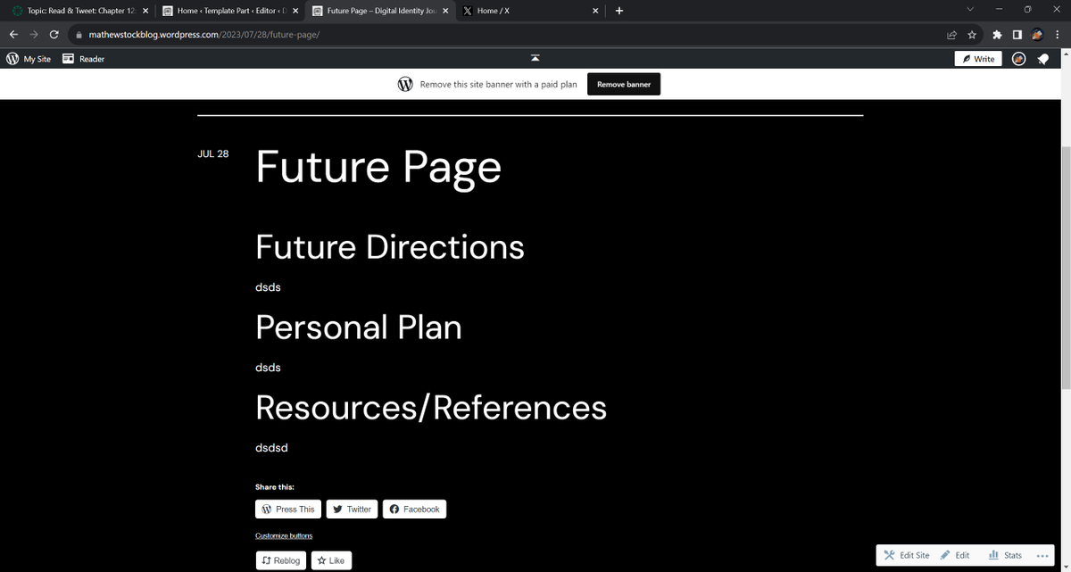 Stock_Mathew's tweet photo. (If anyone can give me tips on how to publish new pages on WordPress and link them on the top like the Digital Identity Journey Blog Posts button, please let me know). I put in the headings for what I plan on writing in the next few days. Please stay tuned!! https://t.co/LMm8kADHGO