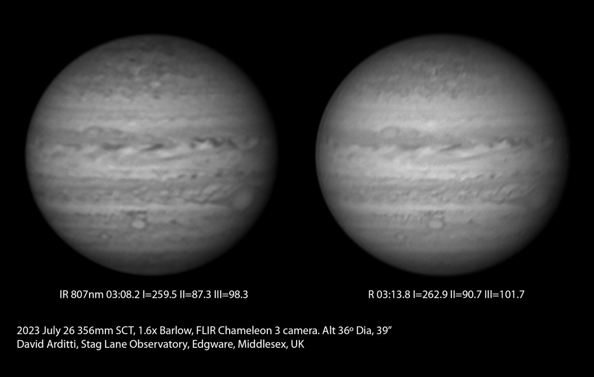 First Jupiter images of this apparition, monochrome, infra-red and red. Seeing was quite good before dawn on Wednesday. Great Red Spot is to the lower right (bright)