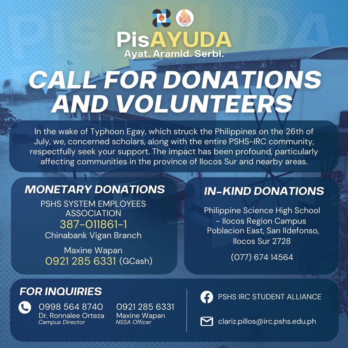 nssa_irc's tweet photo. In the wake of #EgayPH, we, concerned scholars from the NSSA, along with the entire PSHS-IRC community, respectfully seek your support.

The damages to the property of PSHS-IRC have already been roughly estimated to around PhP 15,000,000.00.

(1/5) https://t.co/j2S7DgcTM1