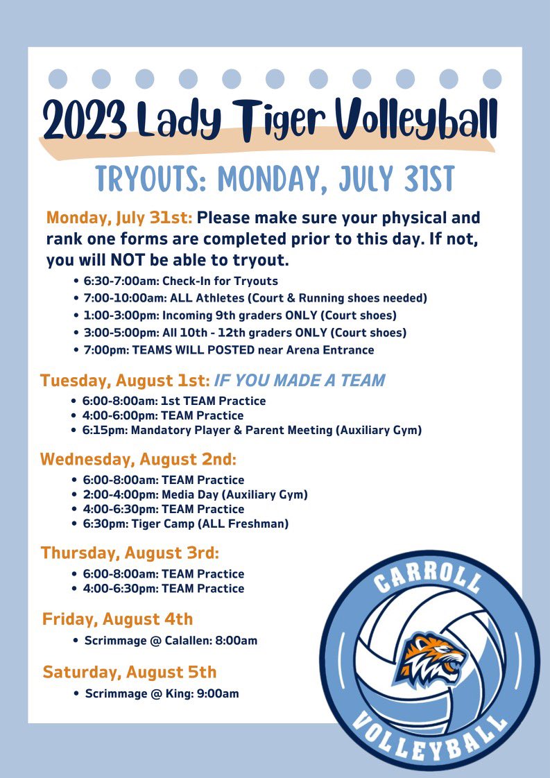 🏐📢 Exciting News! 📢🏐 Volleyball Tryouts Coming Soon! 🎉

🤝 Don't miss this chance to be part of our volleyball family! Join us on Monday, July 31, at the Arena and show us what you've got! 💪🏻🧡🤍💙🐯 <a href="/MaryCarrollHigh/">Mary Carroll High School</a> <a href="/ryvalenz1011/">R. Valenzuela</a> <a href="/CNeatherlin/">Cal Neatherlin</a> <a href="/Arredondo_CHS/">Robert M. Arredondo</a>