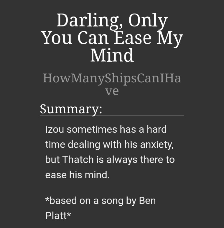Angel152324's tweet photo. Time to share my fic from @OPMusicZine ! I did somen Hurt/comfort Izou/Thatch for the soul to one of my favorite songs! 💜💛

IzouThatch | Words: 2357 | Rated: Teen https://t.co/7YO7FdoIQp