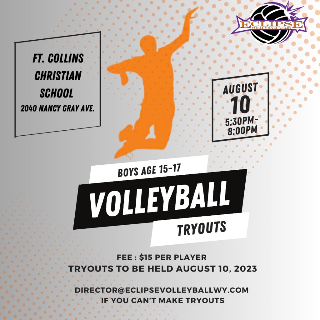 psdboysvb's tweet photo. Join Eclipse Volleyball for their Boys Vball Tryouts on Aug. 10th.
See below:
- What: BOYS 15S-18S TRYOUTS
- Where: 5:30 - 8:00 pm
This team will practice out of Ft. Collins, CO.
To register and learn more go to: https://t.co/1kLsgLcJmz
#psdstrong #psdproud #psdconnected https://t.co/T5TvIcsv7U
