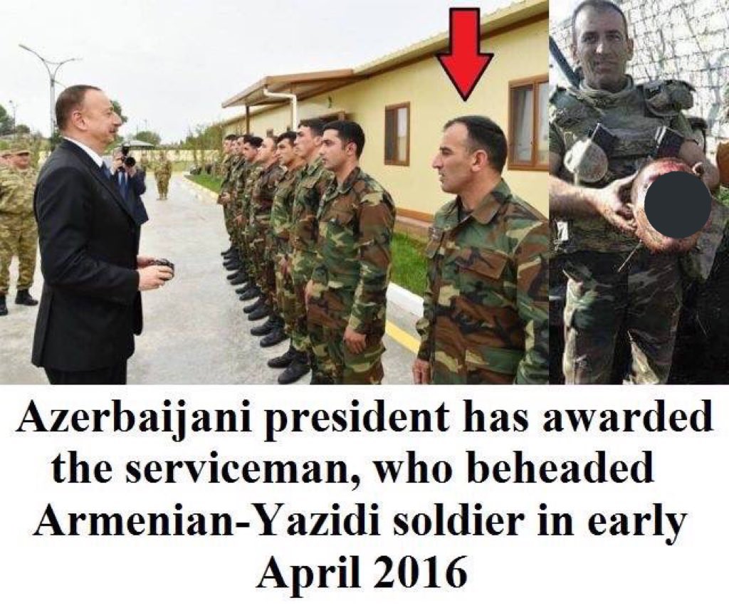 ANZHELA_YAN's tweet photo. #Azerbaijan|i president awarded the serviceman who killed and beheaded 19-year-old Kyaram Sloyan, an Armenian soldier of #Yazdi origin, in 2016. In the picture on the right, Azerbaijani soldiers posed with Kyaram Sloyan’s severed head and posted it on social networks. 5/7 https://t.co/FIXGs7KDpr