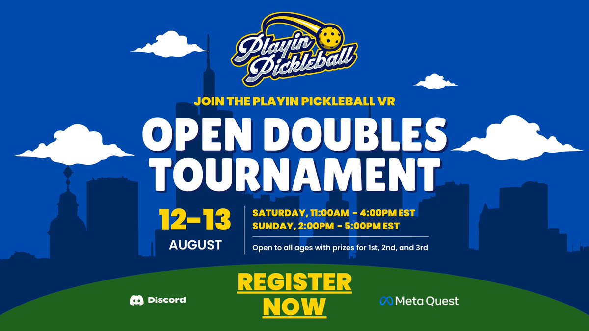 PlayinPickle's tweet photo. 🏆 Introducing "The Playin Pickleball Open Doubles Tournament"🏆

🗓️ August 12th &amp; 13th

🥇 Amazing prizes for the top 3 teams! 

Don't miss out on the action-packed 2v2 (Doubles) Pickleball Tournament! 

Learn more and register your team now: https://t.co/Rd6iYeKkLY https://t.co/t4UNRMrluf