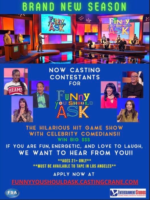 Ready for laughs?  We're casting for the new season of 'Funny You Should Ask'! Be part of the hit game show that blends fun, fame, and laughs!  Visit AuditionList.io to learn more and seize your chance to shine with celebrities!  #CastingCall #GameShowFun #AuditionList
