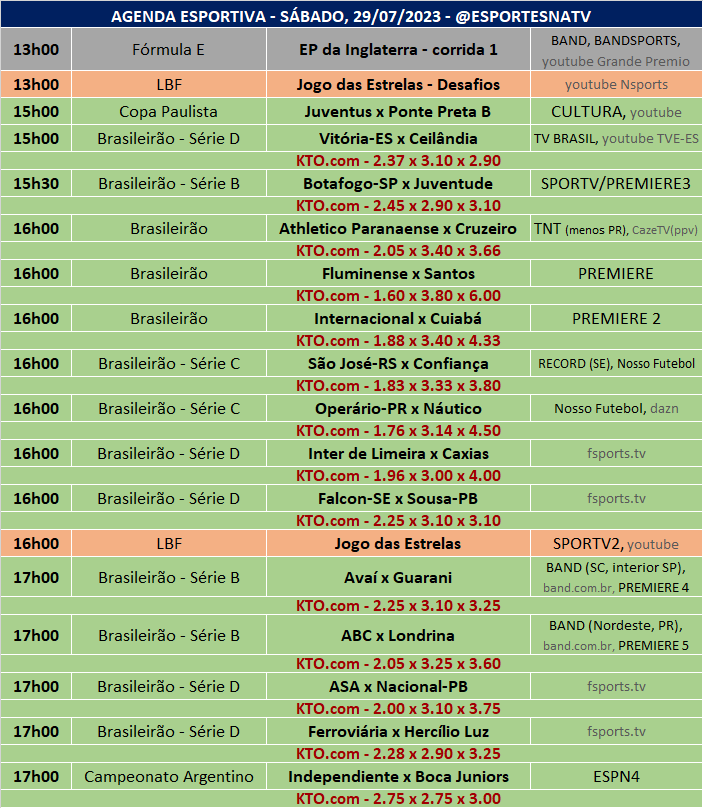 Esportes Na TV 📺 on X: A agenda esportiva deste SÁBADO (11/11/2023) Faça  sua aposta na @KTO_brasil utilizando o cupom ESPNATV no cadastro e garanta  20% de bônus no seu primeiro depósito!