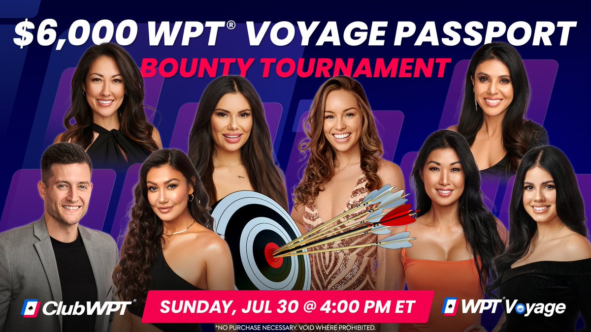 ClubWPT's tweet photo. Only TWO days left! Tune in with a CODE #BOUNTY to play against @WPT Royal Flush Crew on Sun, July 30th @ 4PM ET

The winner of this epic event will walk away with a prestigious $6,000 WPT® Voyage Passport, valid for 2 people* 🚢💰

https://t.co/SF0IiopidH

*No purchase necessary https://t.co/DTjn966abT