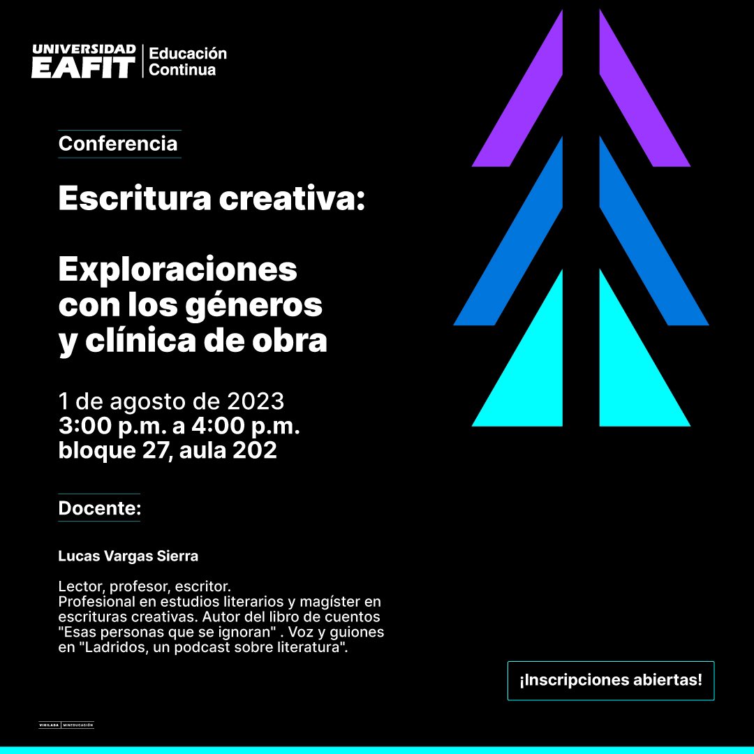 🎓 #EducaciónContinua | ¡Nuestro programa <a href="/SaberesdevidaMe/">Saberes de Vida</a> te trae dos invitaciones increíbles!

1️⃣ Escritura creativa:
Explora los géneros y la clínica de la obra. 

🗓️ Martes 1 de agosto
⏰ 3 a 4 p.m.
📍Bloque 27, 202 <a href="/EAFIT/">Universidad EAFIT</a> 

¡Inscríbete aquí!
bit.ly/ConfPromoSAVI
⬇️