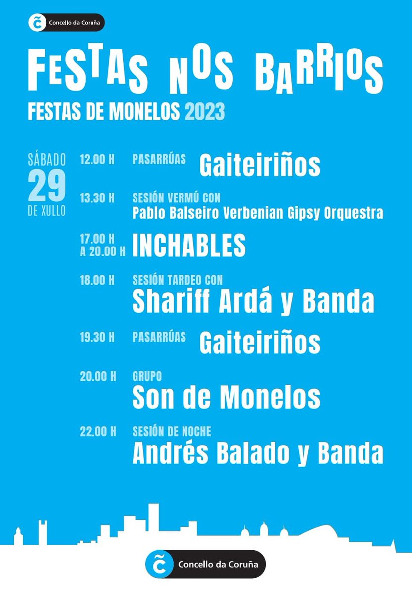 Fiestas <a href="/AVVMonelos/">A.VV. Monelos - Fuente de Las Pajaritas</a>  2023 - Mañana sábado 29/7/2023
@ACOCEM <a href="/AndresBaladocf/">Andrés Balado Club de fans</a> <a href="/vozcoruna/">La Voz de A Coruña</a> <a href="/Radio_Voz/">RadioVoz</a> <a href="/RadioCoruna/">Radio Coruña Cadena SER</a> @idealgallego <a href="/laopinioncoruna/">La Opinión A Coruña</a>