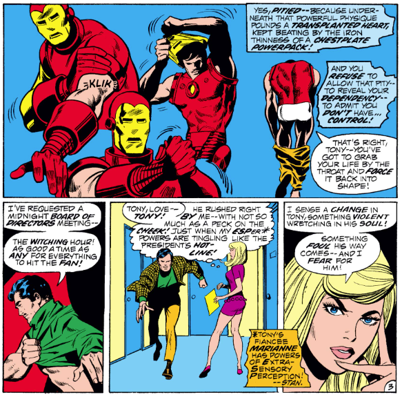 MarvelADay's tweet photo. #IM48 #MarvelADay Here's some beefcake for those of you who are into that sort of thing as Tony changes outfits after sneaking into his own office. I don't think you need to have ESP to be able to get bad feelings about the future when your fiancé ignores you, Marianne! PMB https://t.co/QQwBibxGDN