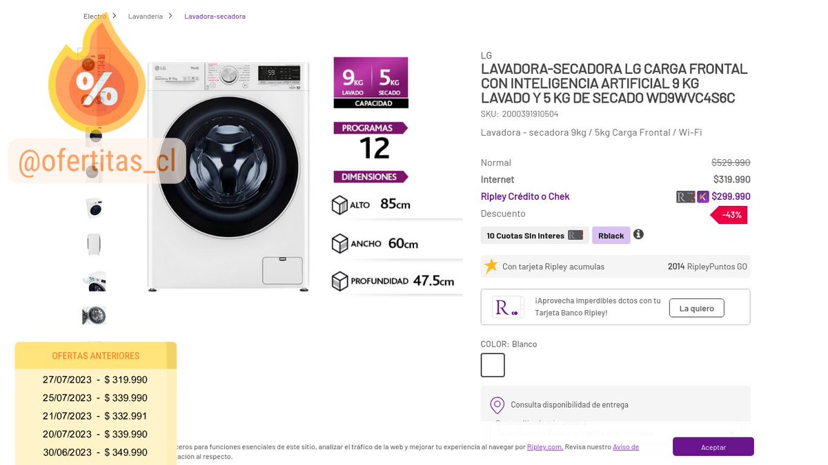ofertitas_cl's tweet image. ¿Quieres una Lavadora-Secadora con inteligencia artificial? ¡LG tiene lo que buscas! Lava 9 kg y seca 5 kg, todo por $299.990 en @RipleyChile. Tu ropa estará más feliz que un perro en el parque. 🐶💦 #LGTech #RipleyOfertas link.ofertitas.cl/?p=ripley-2000…