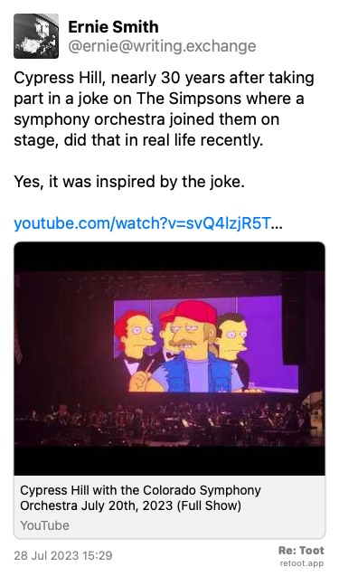 augustocc's tweet photo. É isso mesmo: o Cypress Hill se apresentou com uma orquestra no palco, inspirado por uma cena dos Simpsons, de 30 anos atrás, que mostrava exatamente isso. E o show está todo disponível no Youtube.
Quoting @ernie@writing.exchange: https://t.co/V2Or4NZROn #retoot https://t.co/Wyvjd0EBOt
