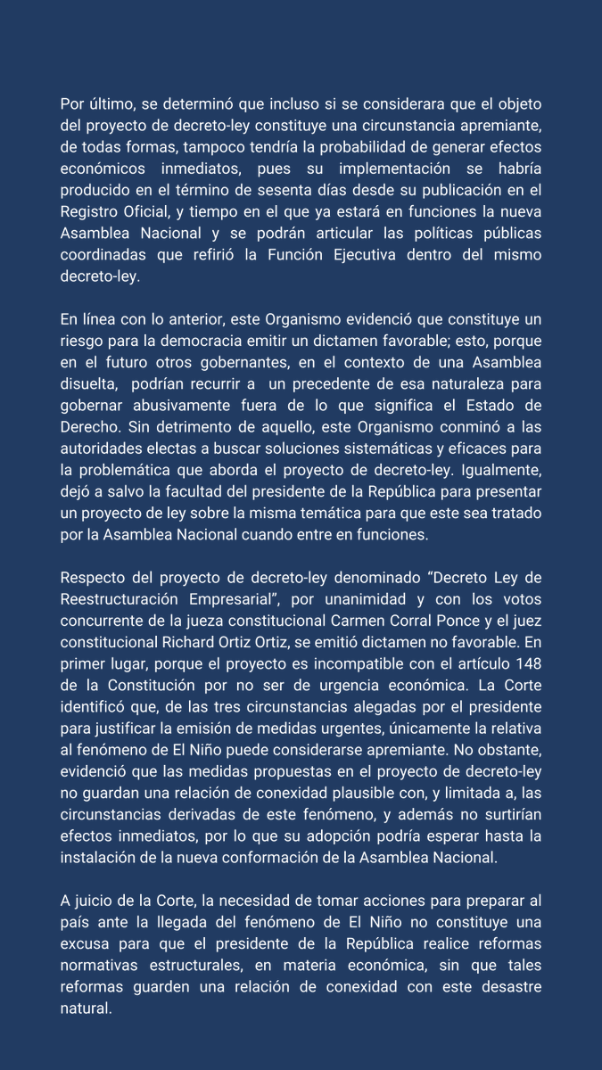 CorteConstEcu's tweet photo. 🔵IMPORTANTE | La Corte Constitucional emite los Dictámenes Nros. 3-23-UE/23 y 4-23-UE/23, a través de los cuales realizó el control previo de constitucionalidad de los decretos-ley de urgencia económica. 

#BoletínCC 

Entérate de más AQUÍ⬇️ https://t.co/gdGenOe5Av