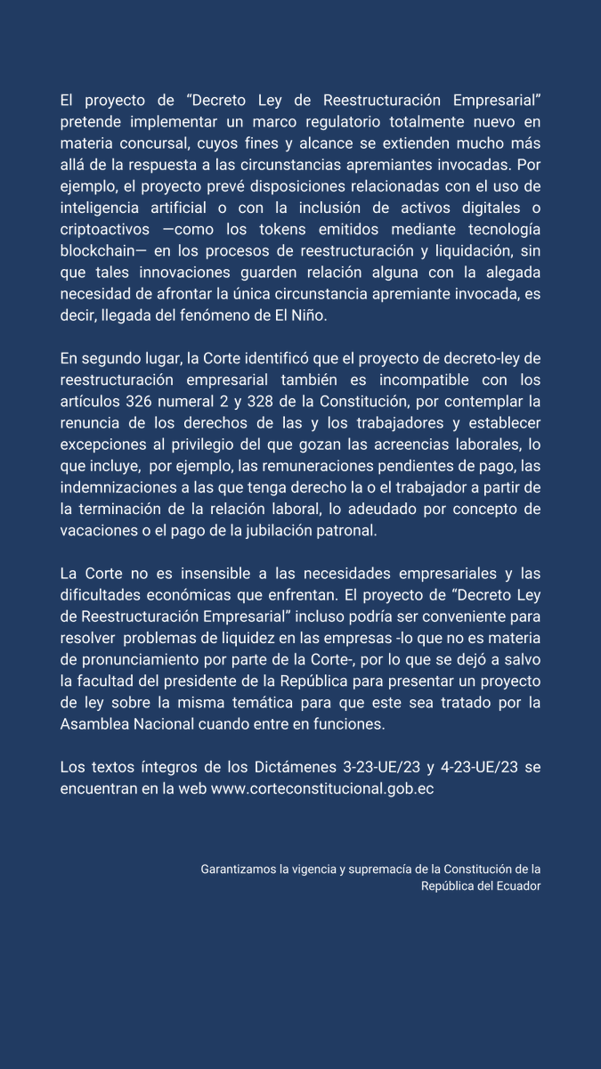 CorteConstEcu's tweet photo. 🔵IMPORTANTE | La Corte Constitucional emite los Dictámenes Nros. 3-23-UE/23 y 4-23-UE/23, a través de los cuales realizó el control previo de constitucionalidad de los decretos-ley de urgencia económica. 

#BoletínCC 

Entérate de más AQUÍ⬇️ https://t.co/gdGenOe5Av