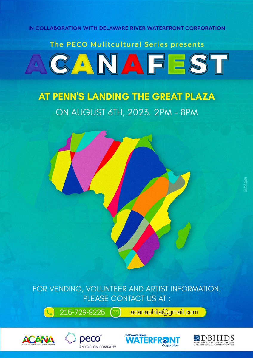 IT’S THAT TIME OF THE YEAR AGAIN! 

Philly, Are you ready for the 2023 ACANA FESTIVAL??!!???

Let’s come together and celebrate African Culture!

Vendors! Artist!!! Send in your request NOW! 

<a href="/pecoconnect/">PECO</a> @delawareriverwaterfront <a href="/dbhids/">Philadelphia DBHIDS</a> 
#african #Caribbean  #acanafest