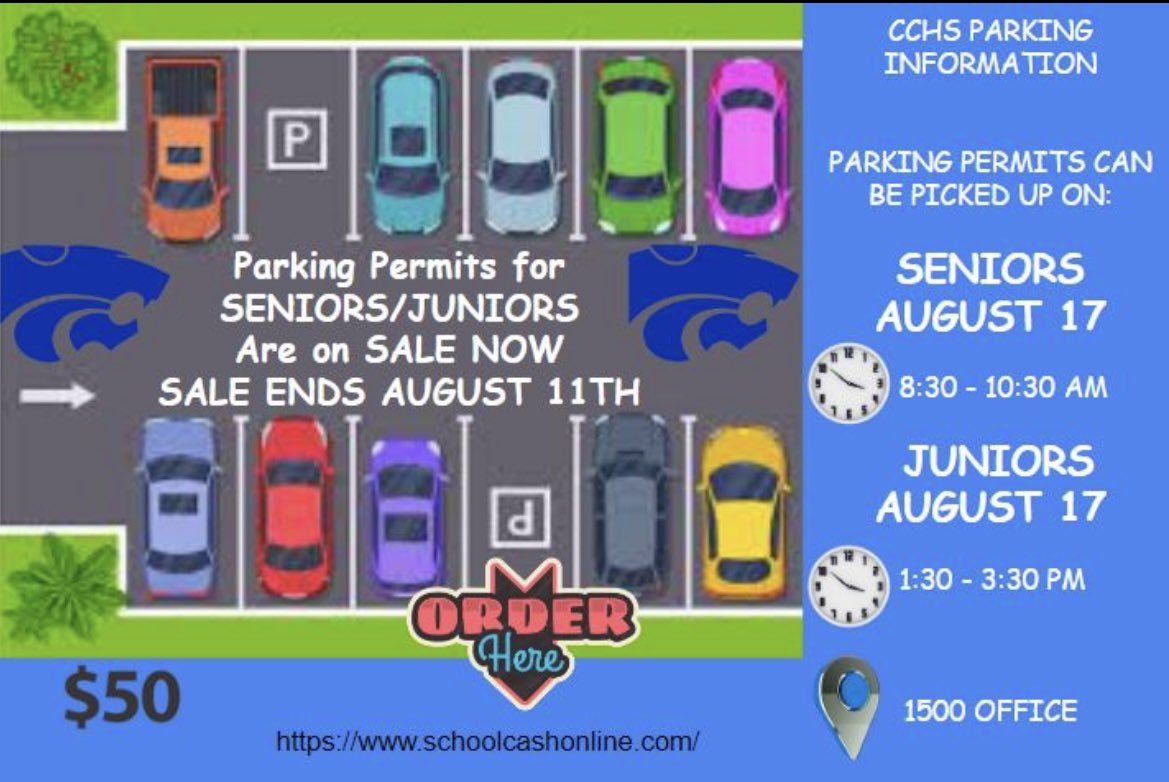 Attention Cy Creek Juniors and Seniors!!  It's time to get your parking pass! 🚘