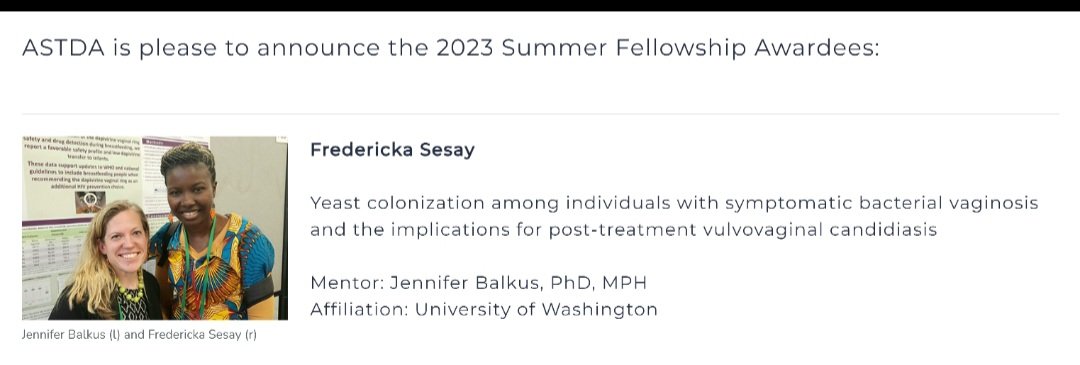 I'm excited to share I was awarded a Summer fellowship by @ASTDA1 . Grateful to God, my mentors @drjenbalkus @drjenellstewart , my supportive department @uwepidemiology and loving friends and family. More info: astda.org/2023-summer-fe…