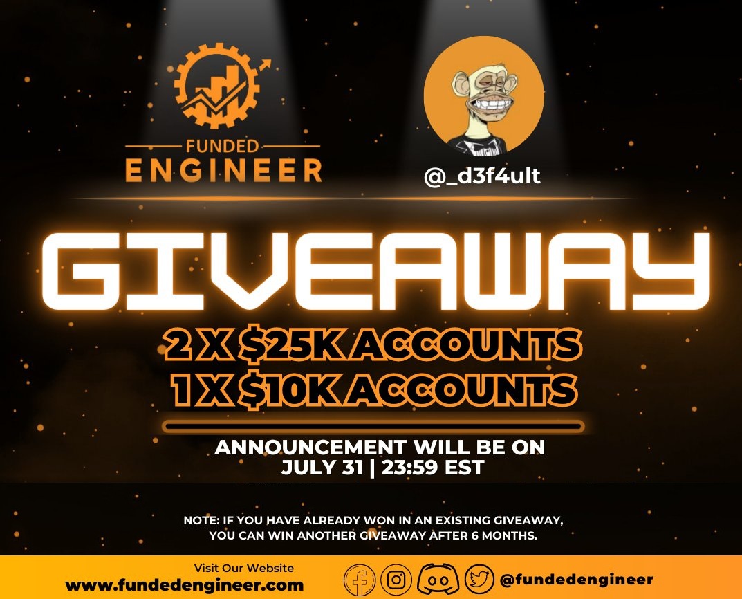 _d3f4ult's tweet photo. 🎉PropFirm Giveaway for @FundedEngineer 🎉

💰2 x 25k accounts
💰1 x 10k account

To participate, follow these criteria:  

🎯 Follow: @_d3f4ult &amp; @FundedEngineer

🎯 Like &amp; retweet this post

🎯Tag two people &amp; comment what you could improve

Winners randomly selected in 3 days https://t.co/lyxC48SREo