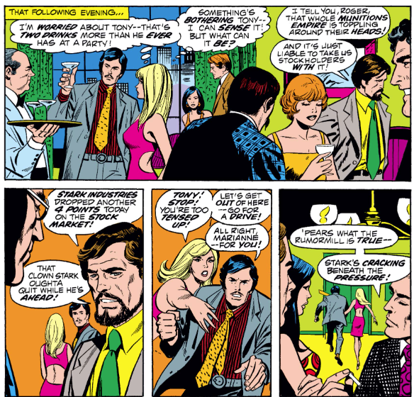 MarvelADay's tweet photo. #IM48 #MarvelADay I love a cocktail party scene! Marianne is concerned that Tony has been drinking too much and might slug catty green tie/yellow shirt man, so naturally she asks him to take her for a drunken drive, as was the style at the time! PMB https://t.co/Kiz4nuBTJM