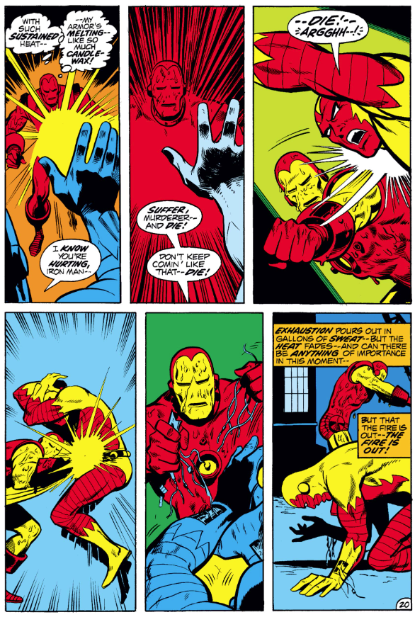 MarvelADay's tweet photo. #IM48 #MarvelADay Firebrand has really messed up IM's armor, but Tony fights through the heat and beats FB up the old-fashioned way, using his fists and not his words! When Iron Man punches you in the nuts, you go down! PMB https://t.co/NJNhLMuGFZ