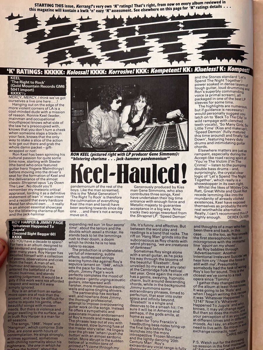 #Keel original 1985 #Kerrang 4.5 star review for the album #therighttorock. #hairmetal #genesimmons #ronkeel