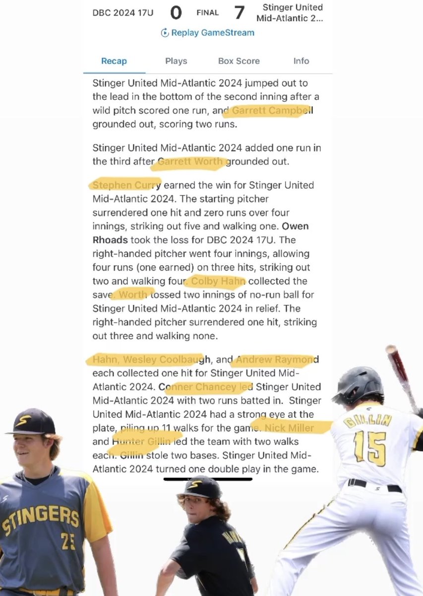 The Stinger boys are starting the weekend off 🔥 with a 7-0 W ⚾️ <a href="/Curry01S/">Stephen Curry</a> <a href="/ColbyHahn17/">Colby Hahn</a> <a href="/GarrettWorth8/">Garrett Worth</a> all did their job on the bump ⛽️ 

While <a href="/WesCoolbaugh/">Wes Coolbaugh</a> <a href="/ConnerChancey/">Conner Chancey</a> @araymond2024 <a href="/3Nickmiller/">Nick Miller</a> <a href="/GillinHunter/">Hunter Gillin</a> all had a day at the plate 👀

// @coachlowry301 <a href="/8Nickdeli/">Nick</a>