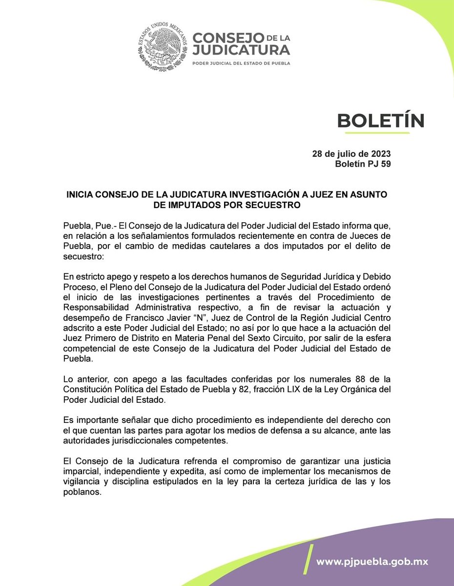 JudicaturaPue's tweet photo. #Entérate | Inicia Consejo de la @JudicaturaPue investigación a juez en asunto de imputados por secuestro. https://t.co/7LrNQnQh2a