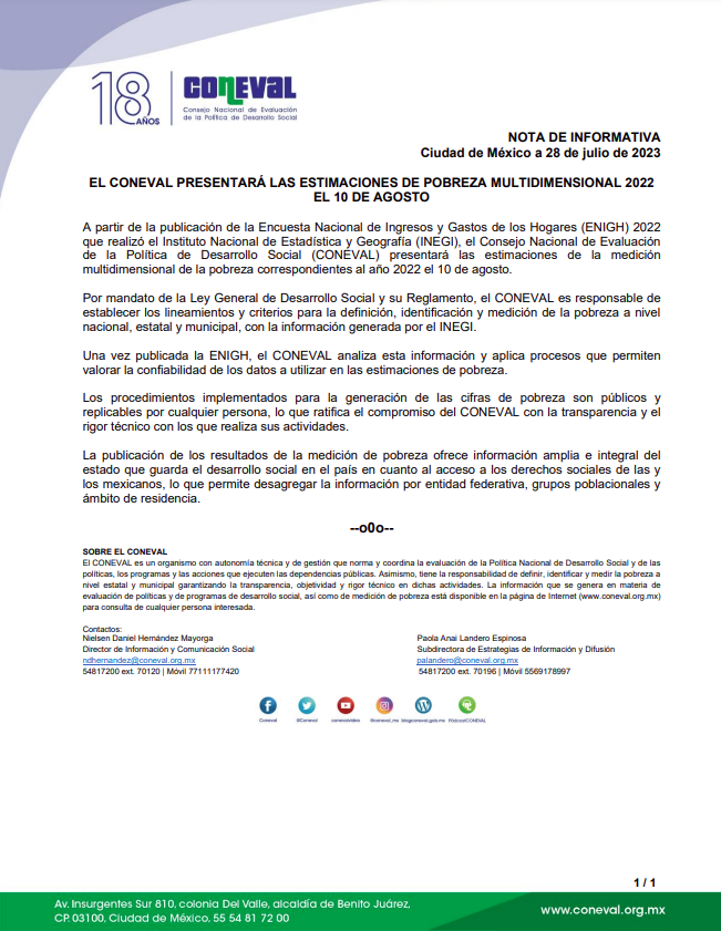El #CONEVAL presentará las estimaciones de pobreza multidimensional 2022 el 10 de agosto. 

🗞️bit.ly/3DwIwEC

#NotaCONEVAL