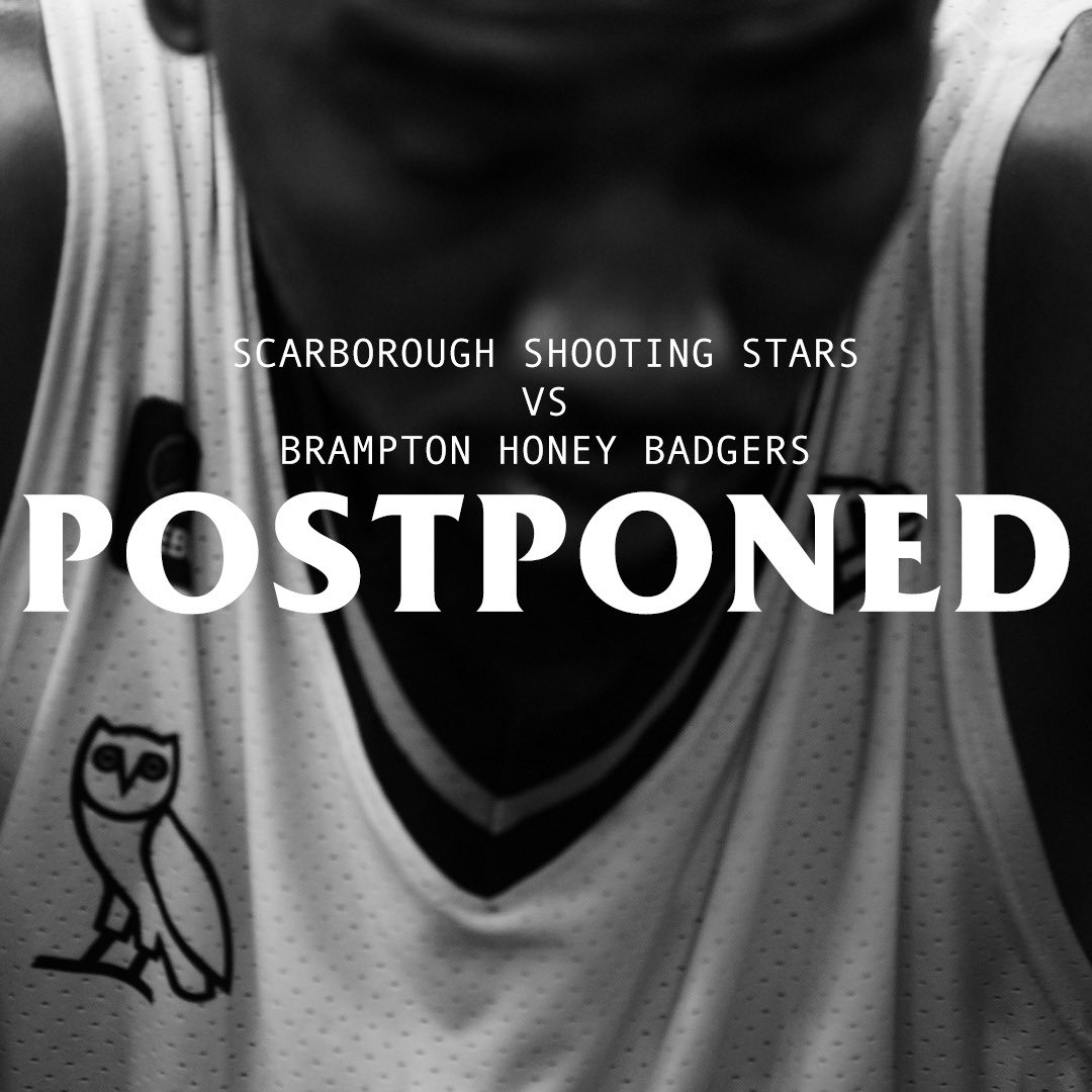 GAME POSTPONED: Tonight’s game between the @HoneyBadgersCAN and Scarborough Shooting Stars at the Toronto Pan Am Centre has been postponed to a different date.  Additional updates will be provided shortly. We regret the inconvenience caused.