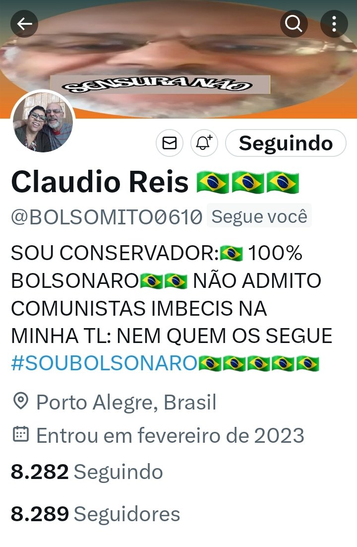 NÓS SOMOS O EXÉRCITO DE @jairbolsonaro CERTO? ENTÃO  FAÇA TUA PARTE SIGA @BOLSOMITO0610 COM 8.288 #SEGUIDORES RUMO A 9k. #SEGDIRS 🇧🇷🇧🇷#DIREITAFORTEUNIDA #DIREITASEGUEDIREITA
#BolsonaroTemRazao 
#LulaGenocida 
🇧🇷🇧🇷SENTA O DEDÃO AÍ MEU POVO