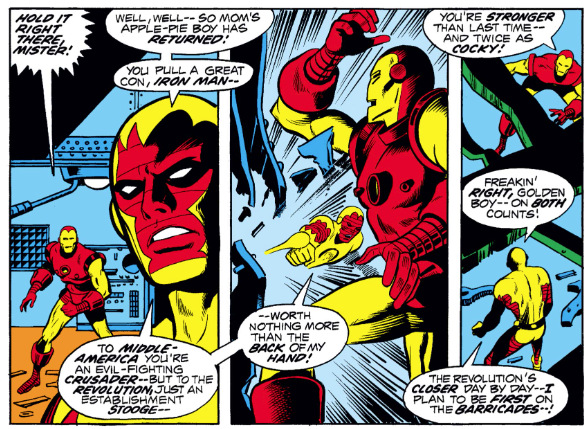 MarvelADay's tweet photo. #IM48 #MarvelADay IM interrupts FB's arson and gets a deserved harangue for his trouble, but just what does FB have against apple pie? Or does he just hate his Mom? He sure never had Tony's nanny's apple pie! PMB https://t.co/1iVGGKMpvh
