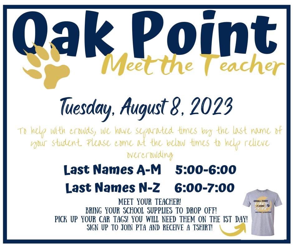 OakPoint_PTA's tweet photo. Meet the teacher night is 8/8! If you join PTA in the month of August, you get a free spirit shirt for each person that joins PTA! 💙🐾💛 https://t.co/BoAE3vq5Mm