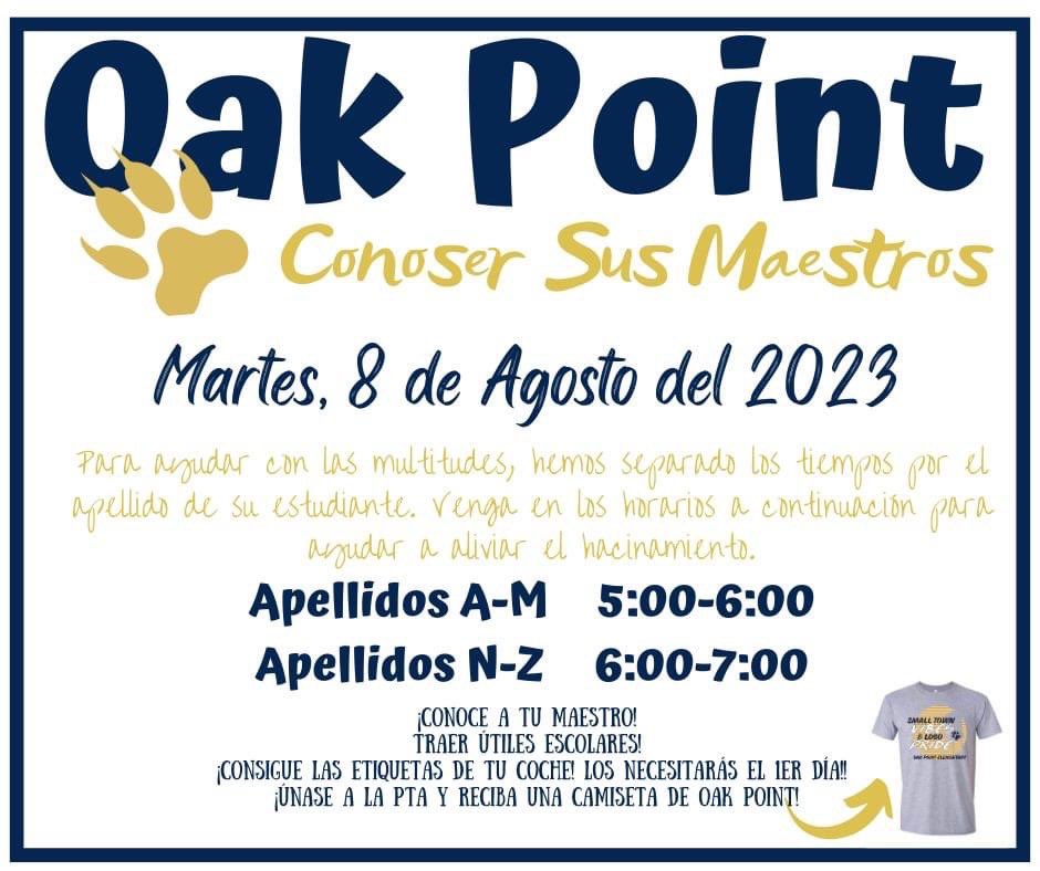 OakPoint_PTA's tweet photo. Meet the teacher night is 8/8! If you join PTA in the month of August, you get a free spirit shirt for each person that joins PTA! 💙🐾💛 https://t.co/BoAE3vq5Mm
