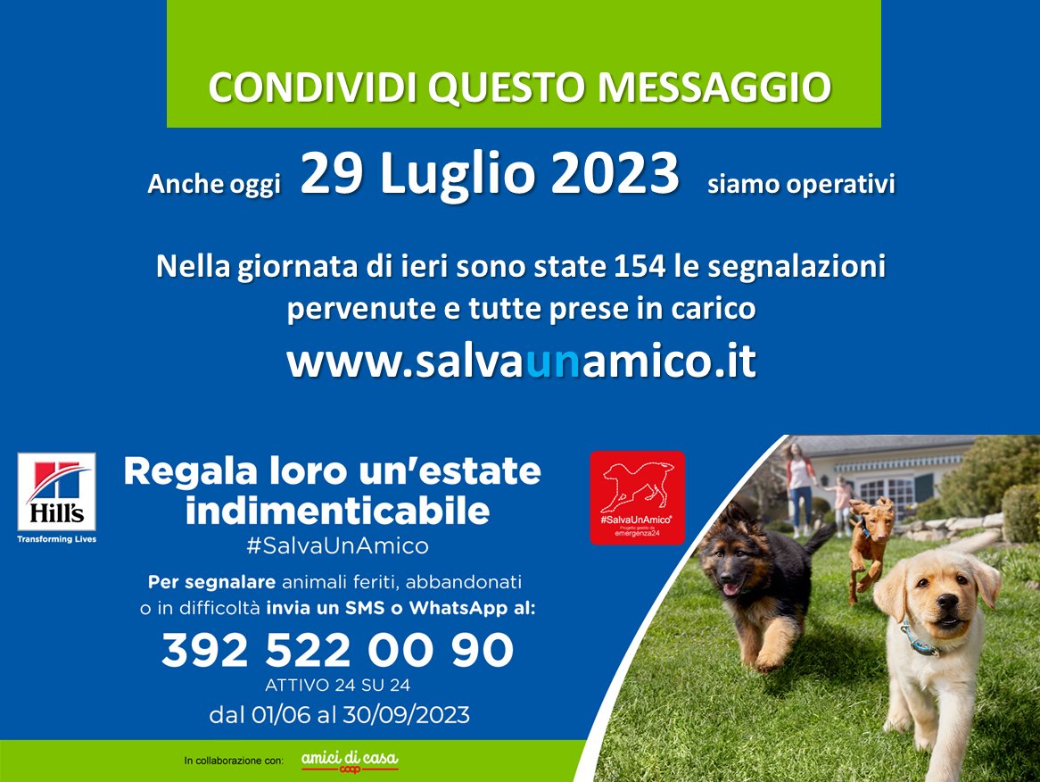 SalvaUnAmico's tweet photo. [29.07-08:00] Anche oggi siamo operativi per contrastare gli abbandoni estivi e fornire informazioni urgenti a chi ha animali #SalvaUnAmico
Attico il numero SMS o Whatsapp (SOLO TESTO NO VOCALI) 392 5220090  24H dal 01.06 al 30.09.2023
https://t.co/5Cw2WJM9wC https://t.co/6DNOr1mjAs