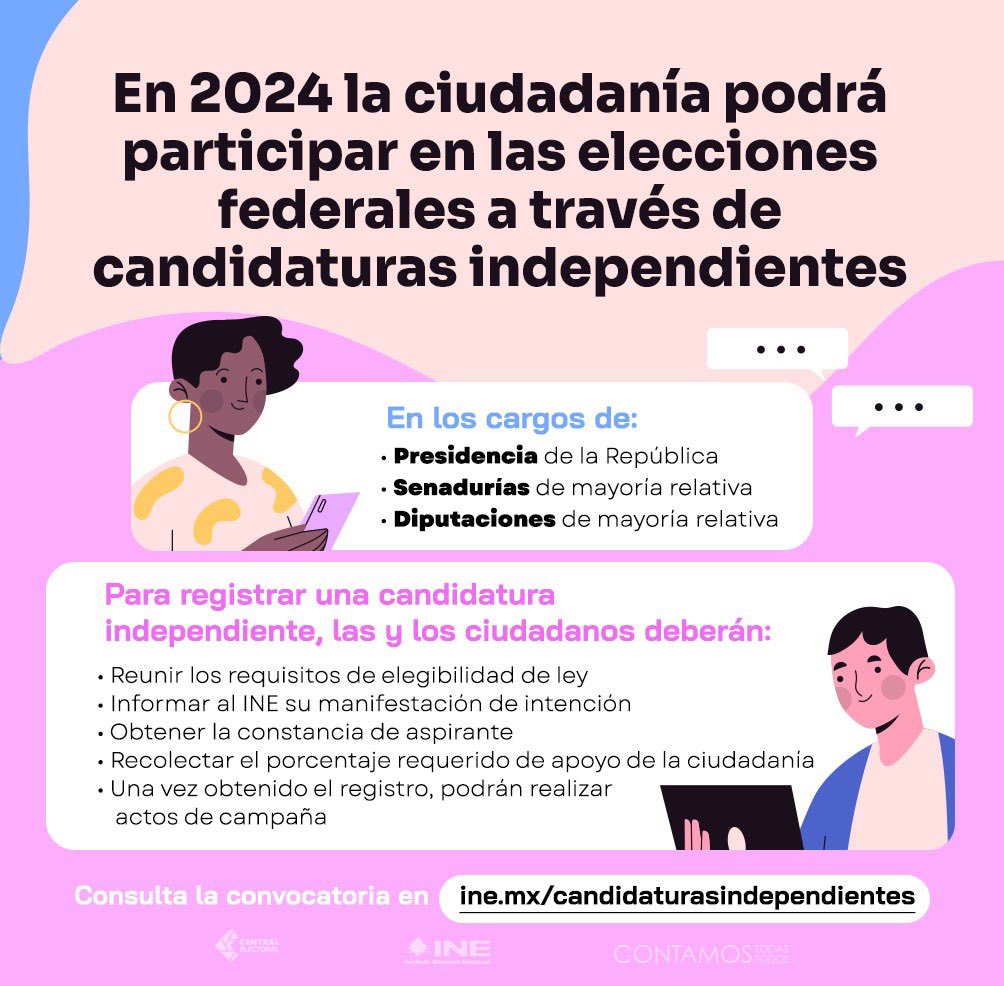 🙋🏼‍♀️🙋🏽‍♂️En las #Elecciones2024MX las y los ciudadanos podrán registrarse en candidaturas independientes federales. Conoce los detalles. ine.mx/candidaturasin…