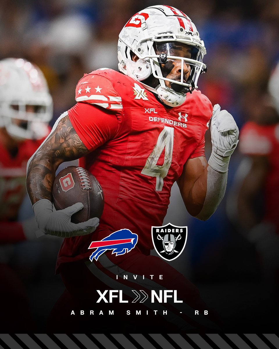 Abram Smith (@abramsmith_28) of the @XFLDefenders invited to tryout with both the @BuffaloBills and the @Raiders. #XFLtoNFL | #XFL | #LeagueOfOpportunity