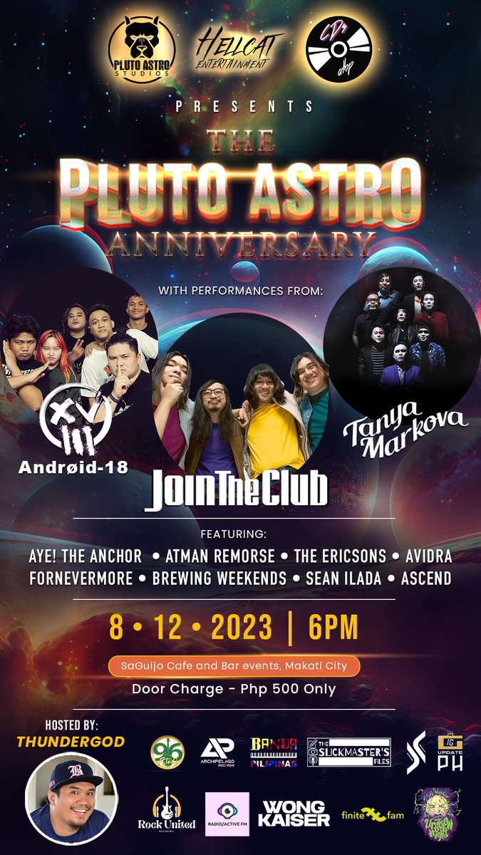 Finite Fam (@finitefam) on Twitter photo The Pluto Astro Anniversary
<a href="/SaguijoOfficial/">SaGuijo Bar + Cafe</a>
August 12, 2023
Show Starts @ 6PM
Door Charge: 500PHP
This event is brought to you by Pluto Astro Studios, <a href="/CdsAtbp/">CD's Atbp. 💿</a> , & Hellcat Entertainment. See you! The Pluto Astro Anniversary
<a href="/SaguijoOfficial/">SaGuijo Bar + Cafe</a>
August 12, 2023
Show Starts @ 6PM
Door Charge: 500PHP
This event is brought to you by Pluto Astro Studios, <a href="/CdsAtbp/">CD's Atbp. 💿</a> , & Hellcat Entertainment. See you!
