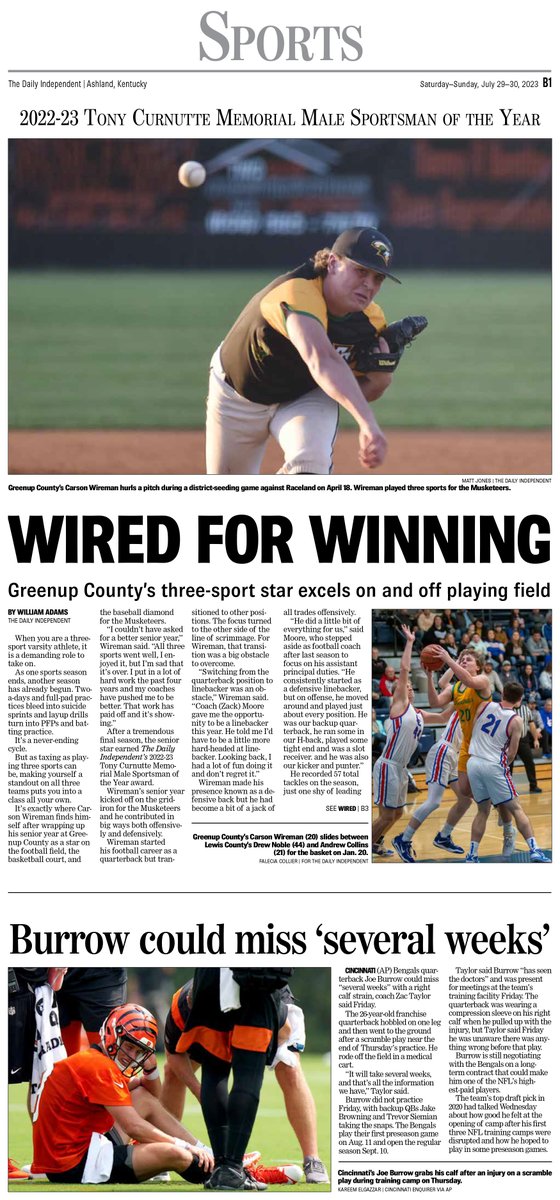 Matthew Sparks (@sparkswillfly35) on Twitter photo Weekend sports front! Local work by <a href="/THExWilliam/">THE William</a> <a href="/thatphotoguy82/">Matt Jones</a> <a href="/Collier_Photos/">Falecia Collier</a>
Inside: <a href="/Tay_0525/">Taylor Mcknight</a>
2022-23 Tony Curnutte Memorial Male Sportsman of the Year is unveiled.
Female Sportsman of the Year will be in next weekend's edition! Weekend sports front! Local work by <a href="/THExWilliam/">THE William</a> <a href="/thatphotoguy82/">Matt Jones</a> <a href="/Collier_Photos/">Falecia Collier</a>
Inside: <a href="/Tay_0525/">Taylor Mcknight</a>
2022-23 Tony Curnutte Memorial Male Sportsman of the Year is unveiled.
Female Sportsman of the Year will be in next weekend's edition!