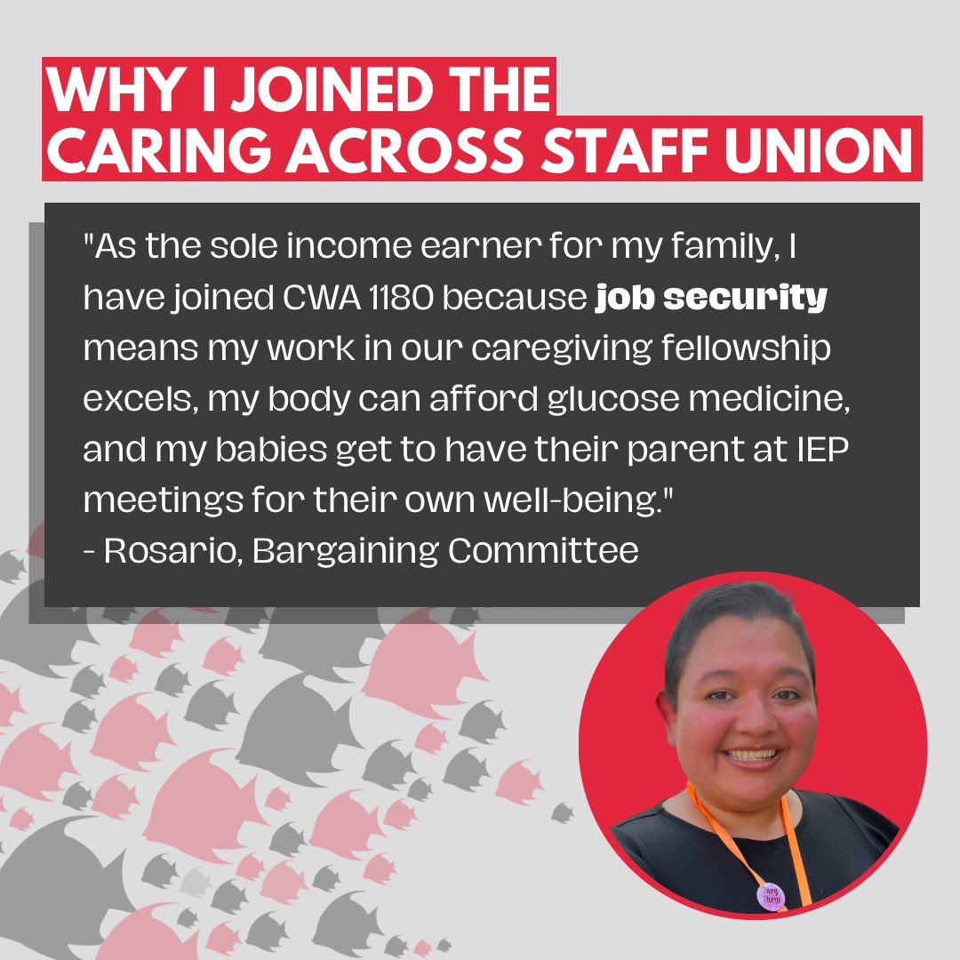 “As the sole income earner for my family, I have joined CWA 1180 because job security means my work in our caregiving fellowship excels, my body can afford glucose medicine, and my babies get to have their parent at IEP meetings for their own well-being."
#UnionStrong #Caregiver
