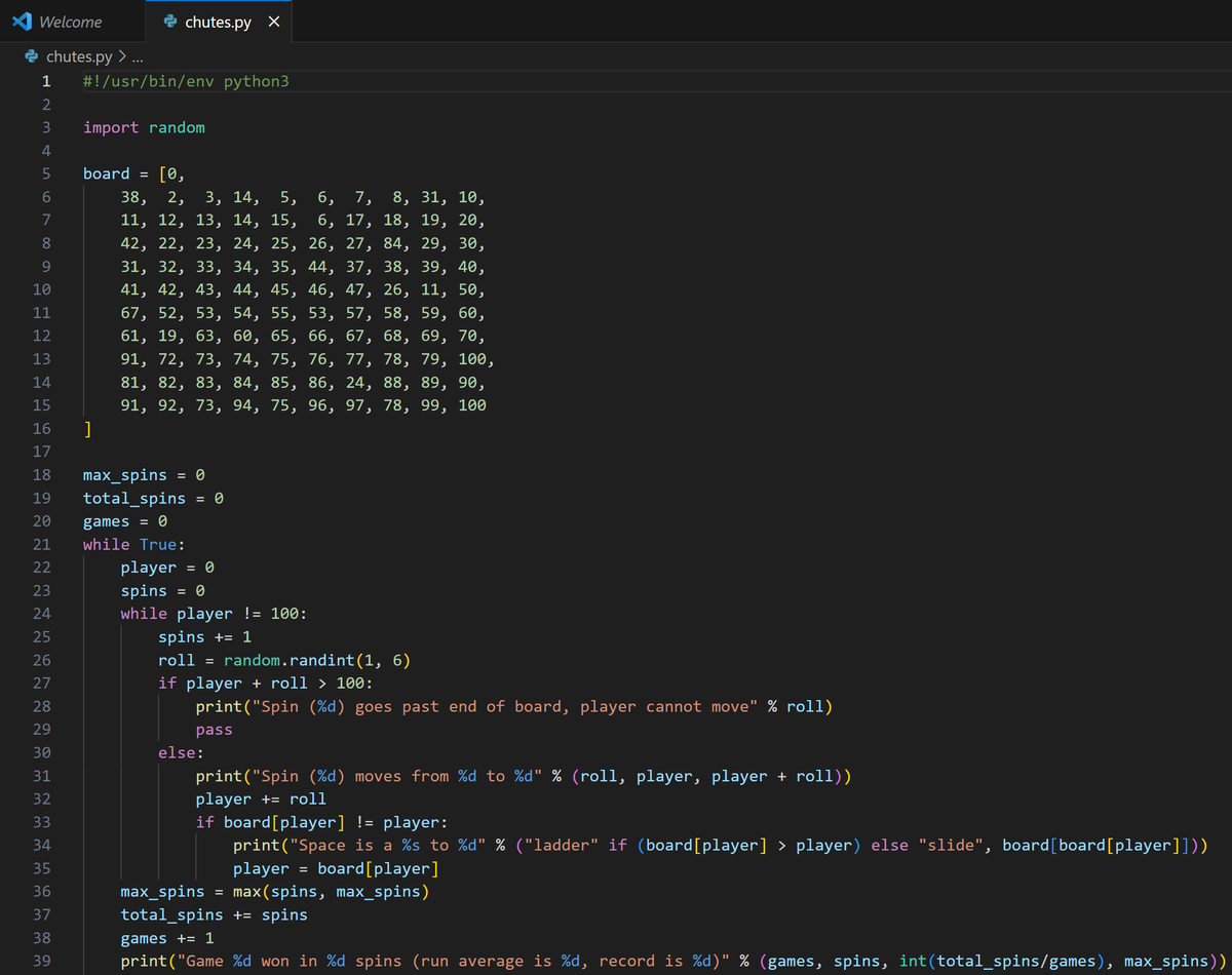 I decided to implement Chutes and Ladders in Python, which took all of 10 minutes while my kids played it at the kitchen table. Interesting: the average number of spins to win always settles at 39 after a few thousand runs.
