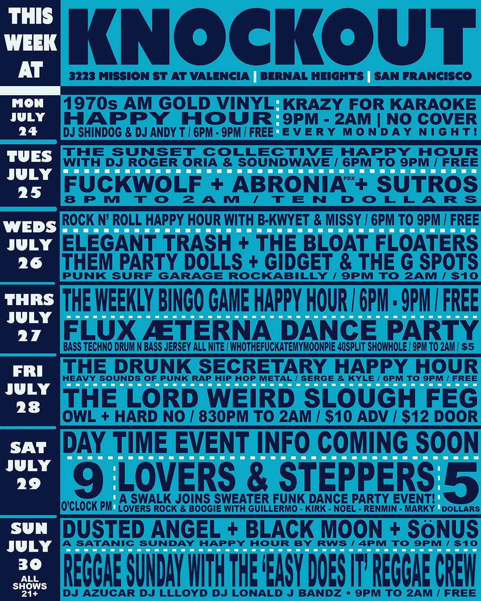 knockoutsf's tweet image. HERE'S WHAT'S HAPPENING TODAY AND TONIGHT AT THE KNOCKOUT • GRAB YER MONEY BELT AND YOUR SHINY DANCING SHOES AND MAYBE A LIGHT COAT AND LET THE GOOD TIMES ROLL! instagram.com/theknockoutsf/