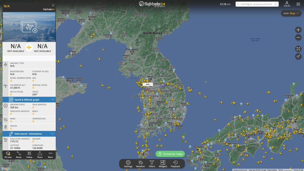 AIYeyENGDdJkjTr's tweet photo. July 29, 2023
#Gimhae Air Base #Central Area of the Korean Peninsula 

#NoCALLSIGN #71FC72 ROKAF Unknow Aircraft https://t.co/EXH1XR2eH8