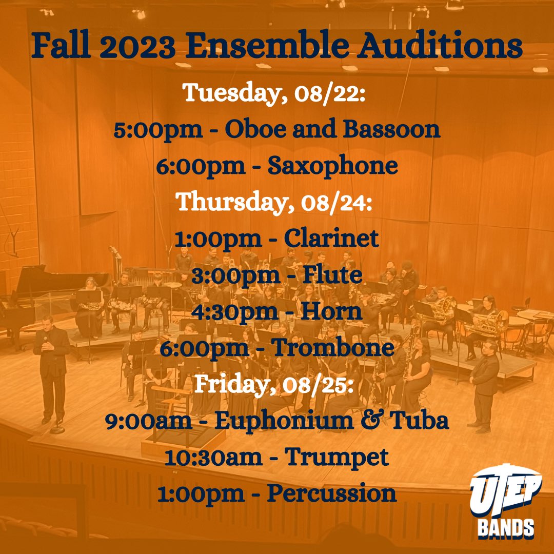 UTEPBands's tweet photo. PSA for all students planning or interested in auditioning for an ensemble: Here is the 2023 Fall Ensemble Audition Schedule!! Please be sure to prepare accordingly, we cannot wait to see what you all bring to the UTEP Music Department! ⛏️⬆️🤙🏽 #UTEPBands https://t.co/DxXcu4t9dK