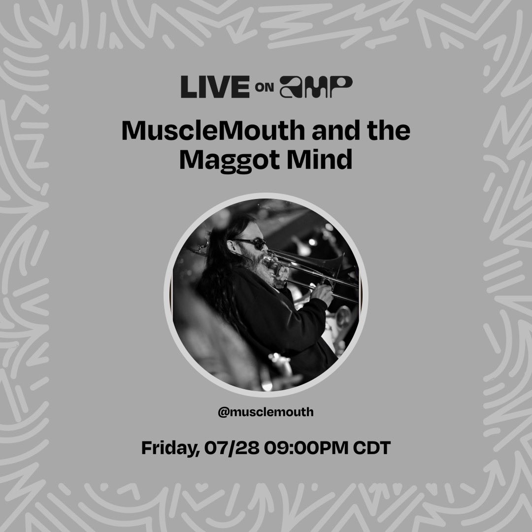 ETIPRecords's tweet image. MuscleMouth and the Maggot Mind only on Amp Radio tonight at 9pm CST, 7pm Pacific. 
Download the Amp radio app on your Apple device and search for musclemouth 
Or try:
“Alexa play Amp.”
“Alexa play ‘MuscleMouth and the Maggot Mind.’”