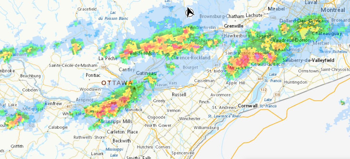 Current look at the weather radar in the capital region. #Ticats & #Redblacks are delayed due to lightning. #CFL #Ottawa #HamOnt