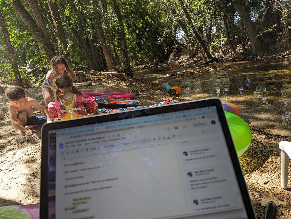 Luckily this shadey creek is two blocks from our house. We really needed to cool down.

We played for hours. I played with words; they played with water & sand.

 And. .  . yes, when I finish my edits, I jumped in the creek with them. 
#amwriting #pbwriter #amquerying