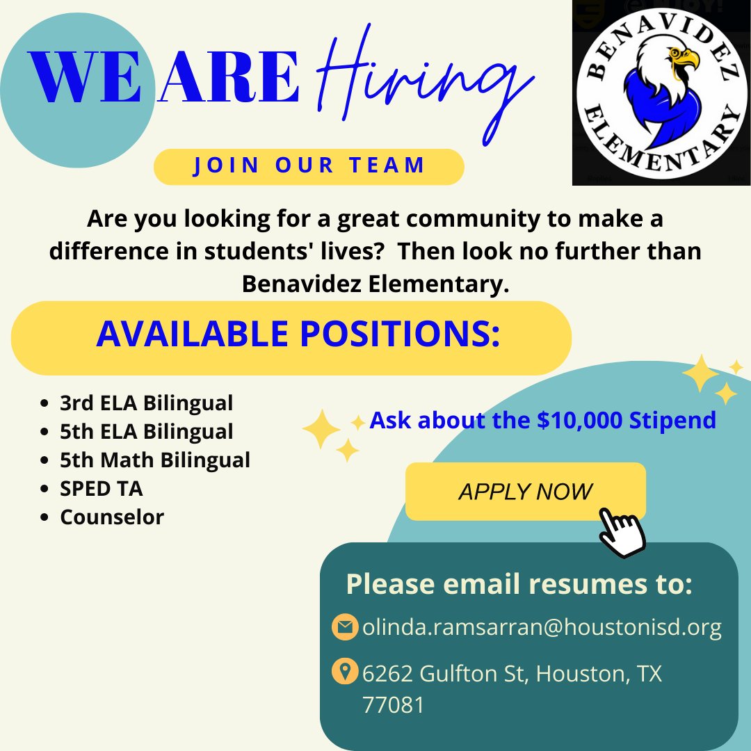 We are on our final lap of hiring.  If you haven't join this amazing campus and community, this is your final chance!  Don't miss out on this opportunity!  <a href="/RoyPEagle/">Benavidez Elem. HISD</a> <a href="/HISD_West/">🚨 This page is no longer active! 🚨</a> <a href="/gittenssm/">Stephen Gittens</a>