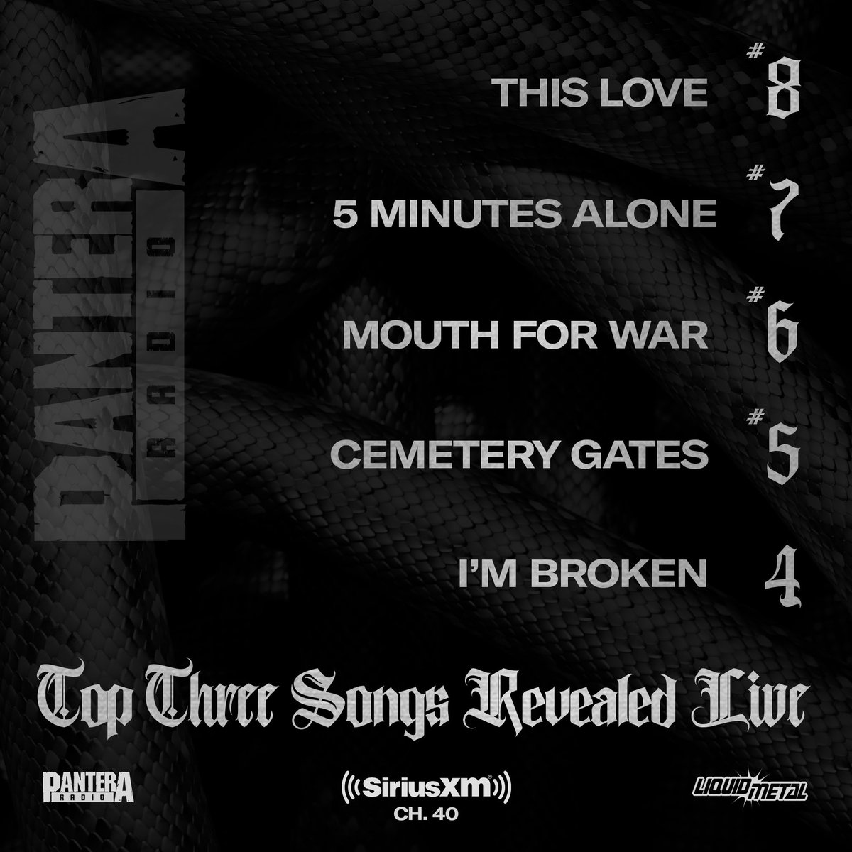 fnliquidmetal's tweet photo. WHAT ARE YOUR TOP THREE PANTERA SONGS? #DevilsDozen disrupted by #Pantera Radio. @josemangin counts down the Top 12 @Pantera Songs of All Time

Fri 7.28 @ 9pm ET
Sat 7.29 @ 11am ET
Sun 7.30 @ 11pm ET (Full Schedule in Bio)

LISTEN HERE: https://t.co/ataYBY4mKa https://t.co/fq72C40M17